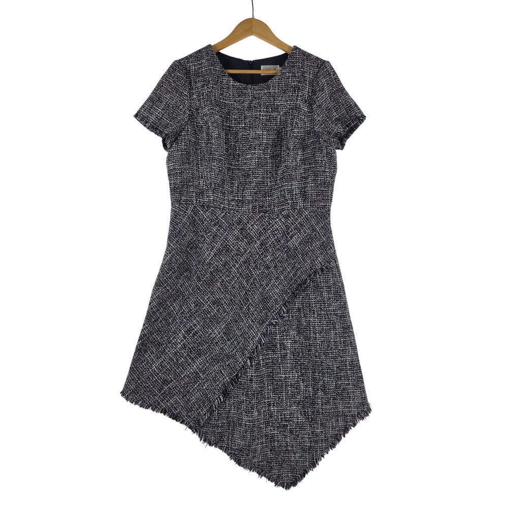 Eliza J Navy White Tweed Asymmetrical Frayed Hem Sheath Dress 14